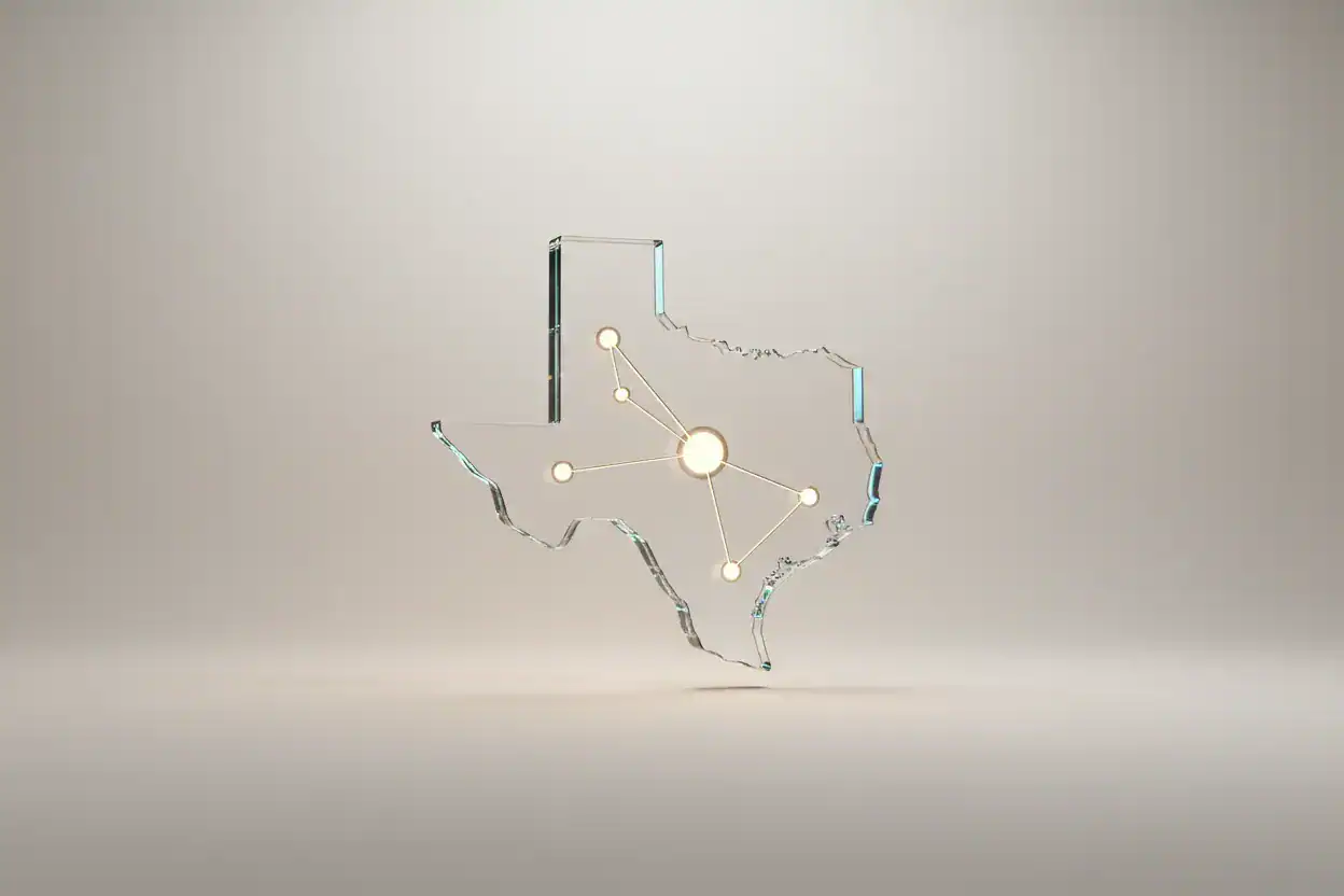 Glass Texas silhouette with a simple glowing network on a soft neutral background, symbolizing company culture and employer branding.