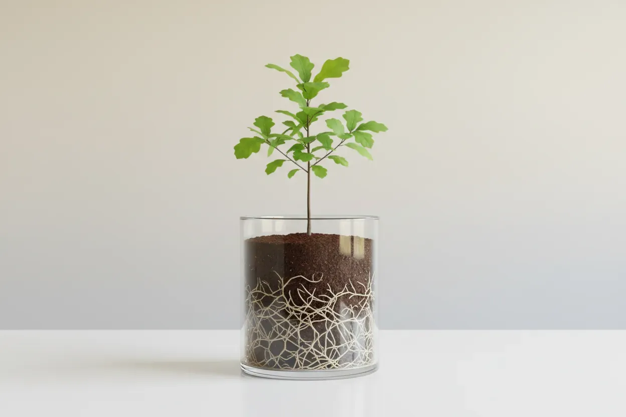 A young oak in a clear glass planter showing its roots on a matte surface with a soft neutral gradient background.