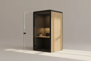 Modern acoustic work pod with desk and lamp on a soft neutral background, representing flexible, focus-friendly workspace.