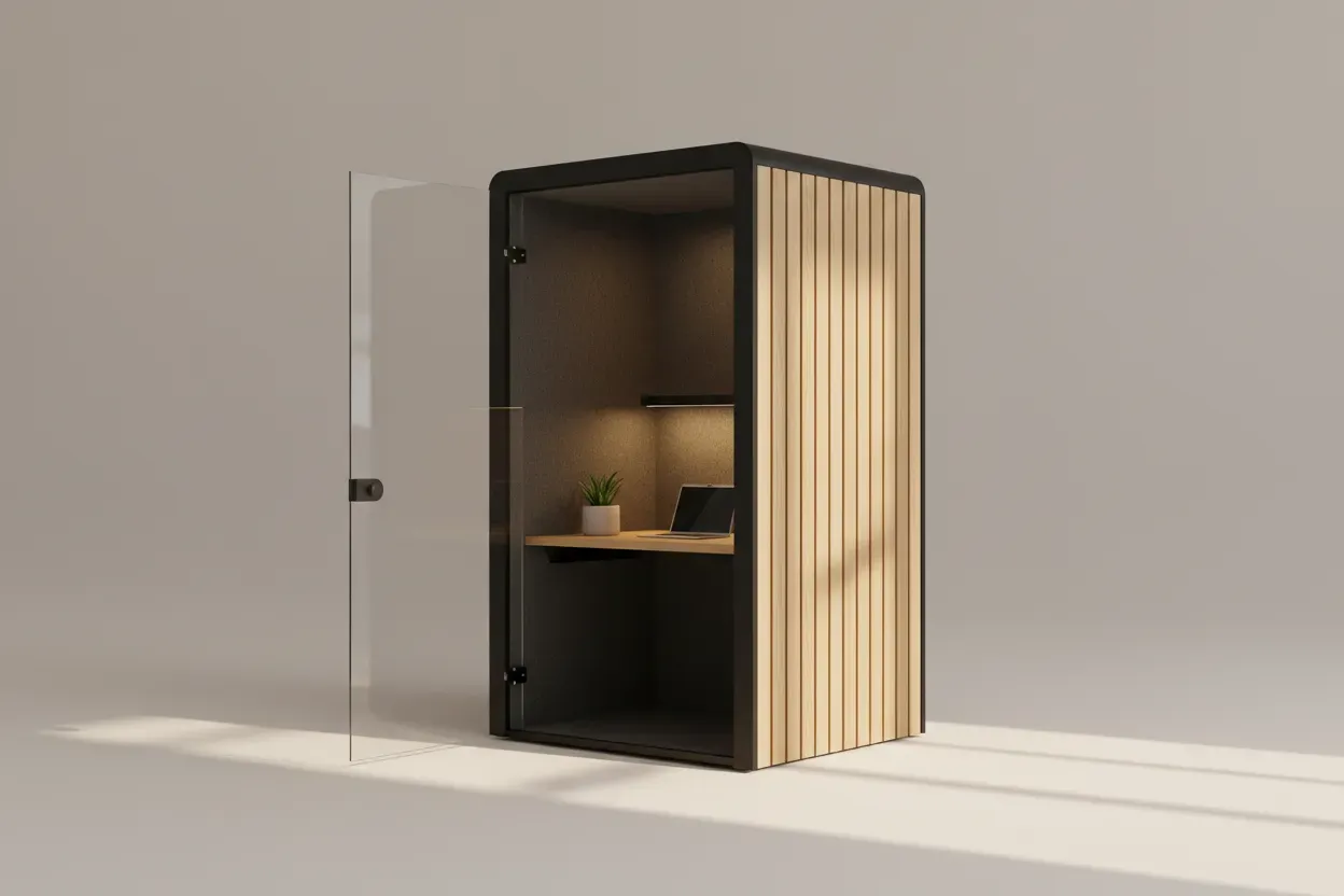 Modern acoustic work pod with desk and lamp on a soft neutral background, representing flexible, focus-friendly workspace.