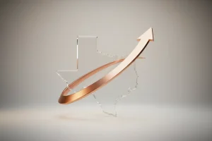 Glass Texas silhouette with a single copper arrow curving upward on a soft neutral background, symbolizing ROI growth.