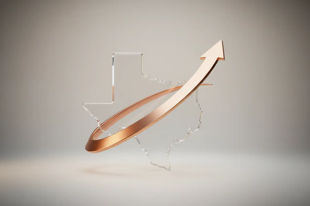 Glass Texas silhouette with a single copper arrow curving upward on a soft neutral background, symbolizing ROI growth.