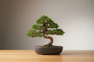 Wired juniper bonsai in a matte pot on a light wood surface, against a soft neutral background, symbolizing intentional leadership development.