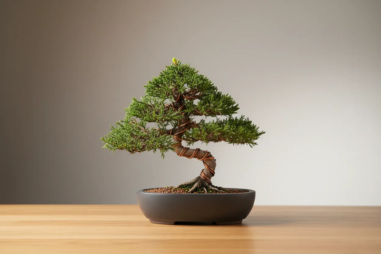 Wired juniper bonsai in a matte pot on a light wood surface, against a soft neutral background, symbolizing intentional leadership development.