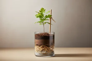 Live oak sapling in a clear glass planter with visible roots and layered soil on a neutral background.