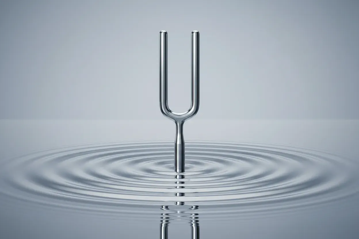 Polished tuning fork touching calm water, creating clean concentric ripples on a soft gray-blue background.