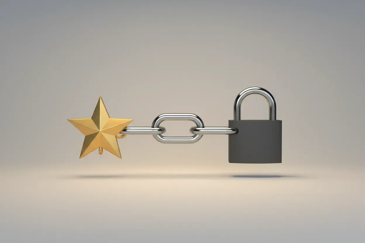 Gold star linked by a single steel chain to a solid padlock on a soft gray background, symbolizing recognition and retention.