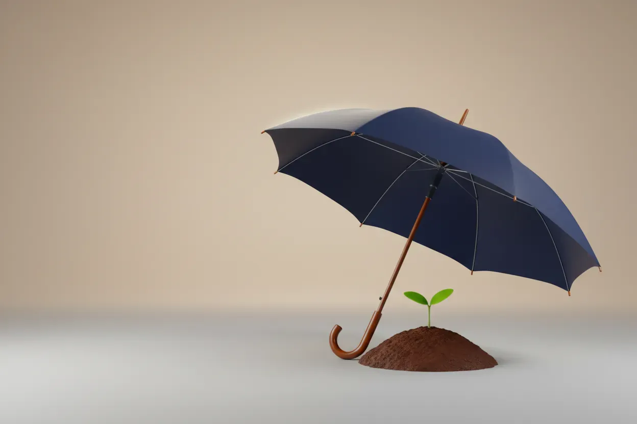 Open navy umbrella sheltering a small green sprout on a neutral background, symbolizing psychological safety fostering employee growth.