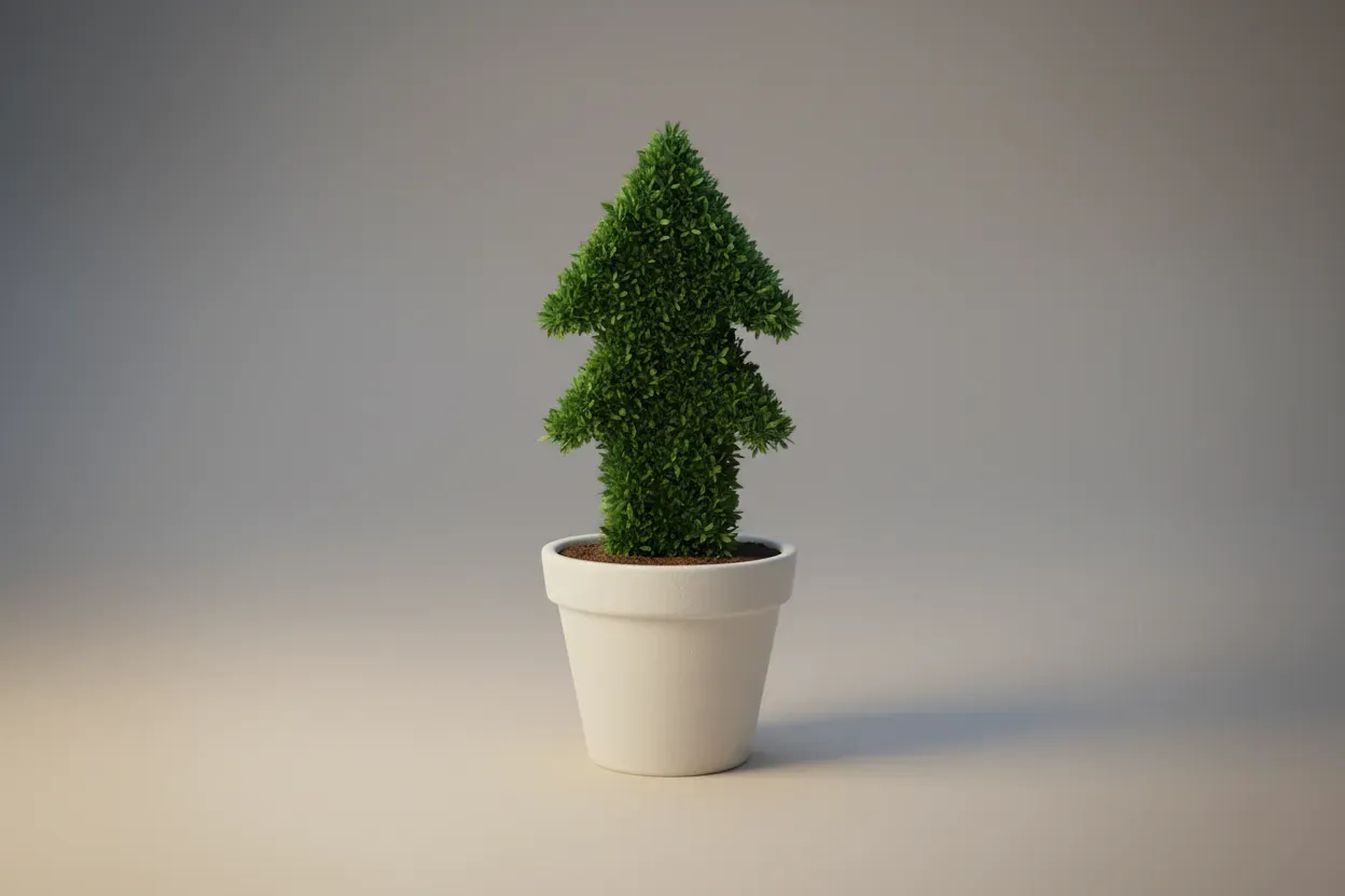Topiary in a ceramic pot trimmed into an upward arrow, symbolizing professional growth, on a soft neutral background.