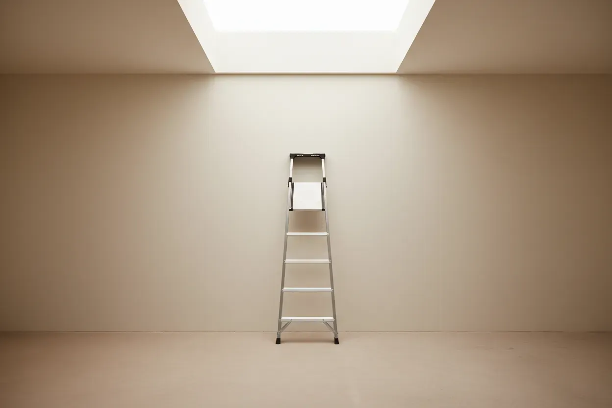 Minimalist ladder reaching toward a skylight in a soft neutral room, symbolizing professional growth.