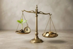 Balance scale weighed down by gold coins while a sprout and compass representing career growth and fit remain elevated