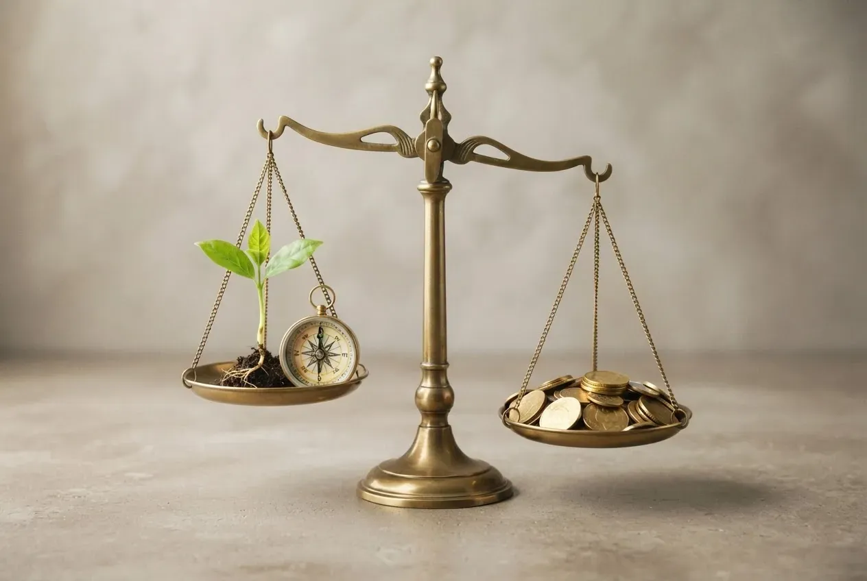 Balance scale weighed down by gold coins while a sprout and compass representing career growth and fit remain elevated